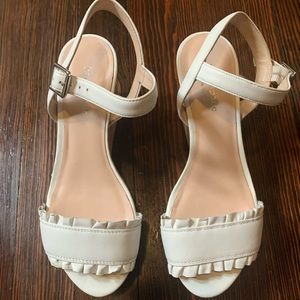 Kate Spade white ruffle cork wedge sandal